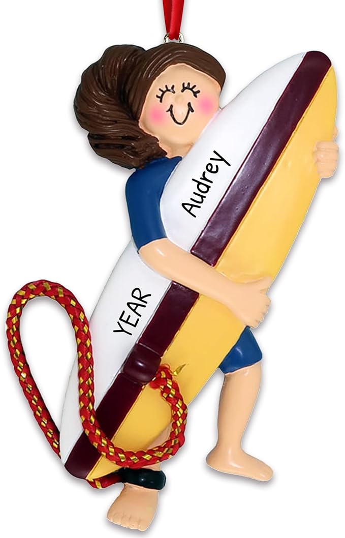 Personalized Surfboard Ornaments 2025 - Brunette Surfer Girl Beach Ornaments Surfer for Christmas Tree Surfing Ornament Gifts for Surfers Beachy Christmas by Elves