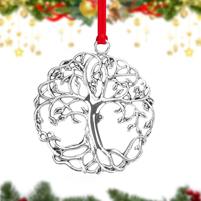 Metal Christmas Tree Ornaments 2025 - Pewter Plated Vintage Style Holiday Ornament with Hanging Cord