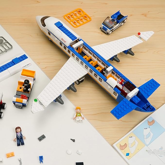 City Passenger Airplane Building Set for Boys 6+ 8+ 12+, City Plane Airport Playset with a Large Aircraft, Passenger Bus, Luggage Truck, Container Loader, 7 Minifigures, Compatible with Lego City