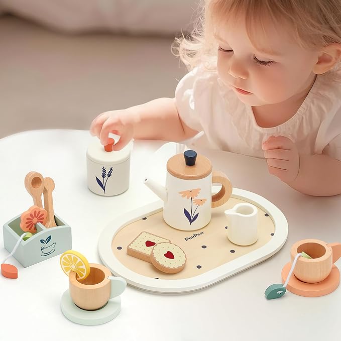 PairPear Wooden Tea Set for Toddlers,Wooden Toys Tea Party Set Play Kitchen Accessories for Kids Girls and Boys 3 Years and up,Toddler Princess Tea Time Party Food Toys