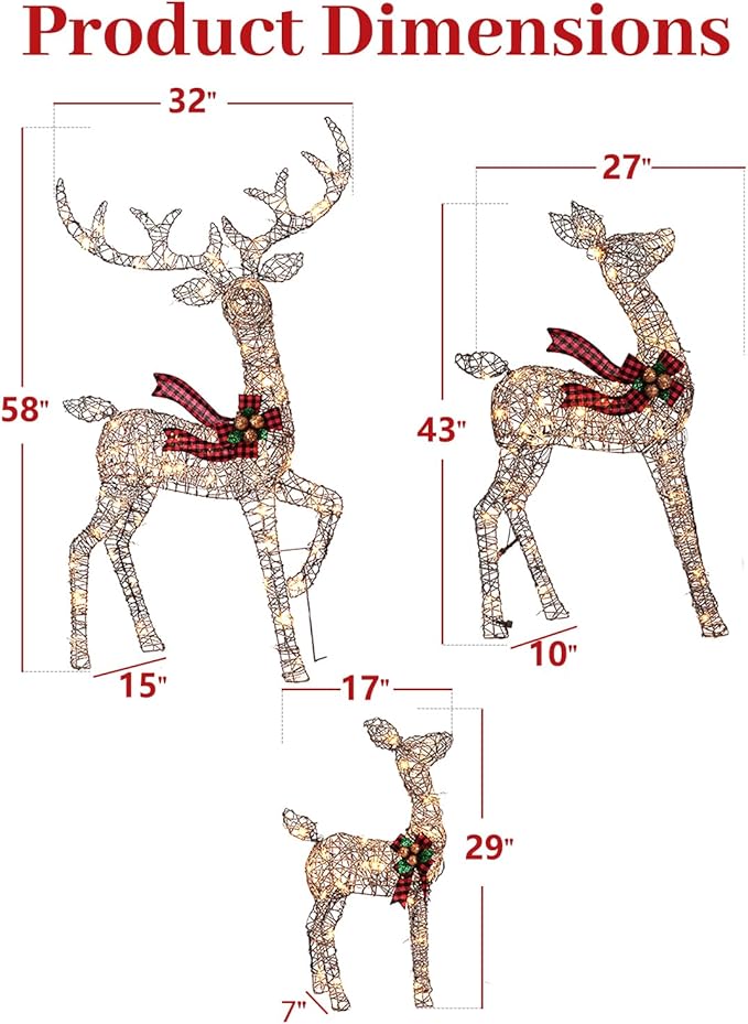 3-Piece 3D Christmas Deer Family Set, Lighted Christmas Decoration with 225 LED Lights, Christmas Decor Reindeer for Indoor Outdoor Yard Porch, Rattan