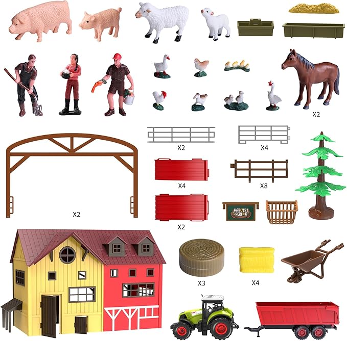 Barn Farm Animal Toys for Kids,Tractor Trailer with Lights & Sound, Farm Barn Playset Horse Stable,Farm Accessories, Pig,Sheep,Goose Duck Birthday Gifts for Kids Toddlers Boy Girl 3-7 Years Old