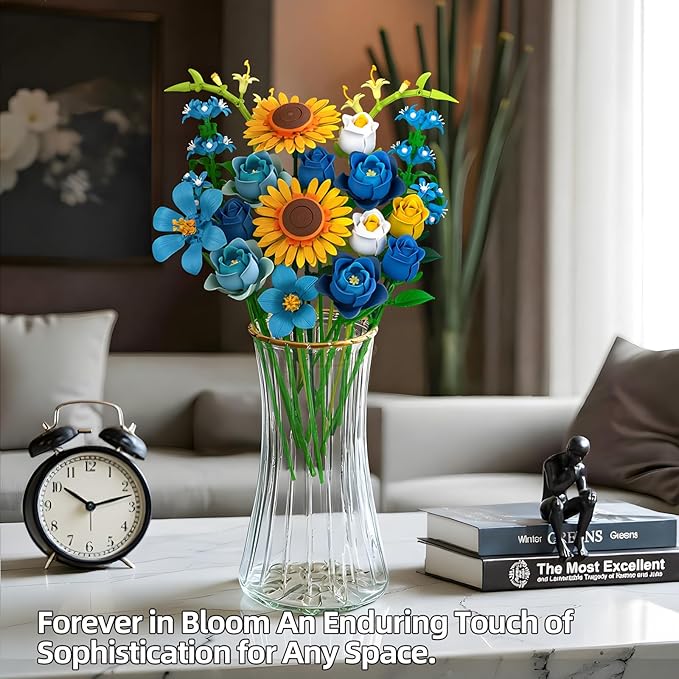 Blue Rose Sunflowers Bouquet Building Set - Compatible with Lego Flowers for Adults Women, Van Gogh's Starry Night and Sunflowers Style, Collection Christmas Mother's Day Valentine's Gifts Home Decor