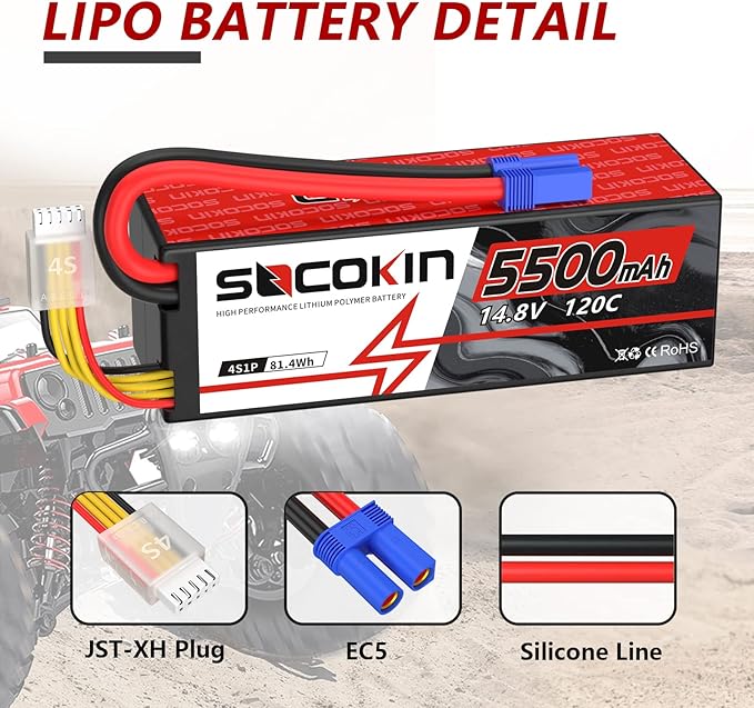 4S Lipo Battery 5500mAh 14.8V 120C Lipo Battery with EC5 Connector Hard Case for RC Car Truck Tank RC Buggy Truggy RC Model Racing Hobby(2 Pack)