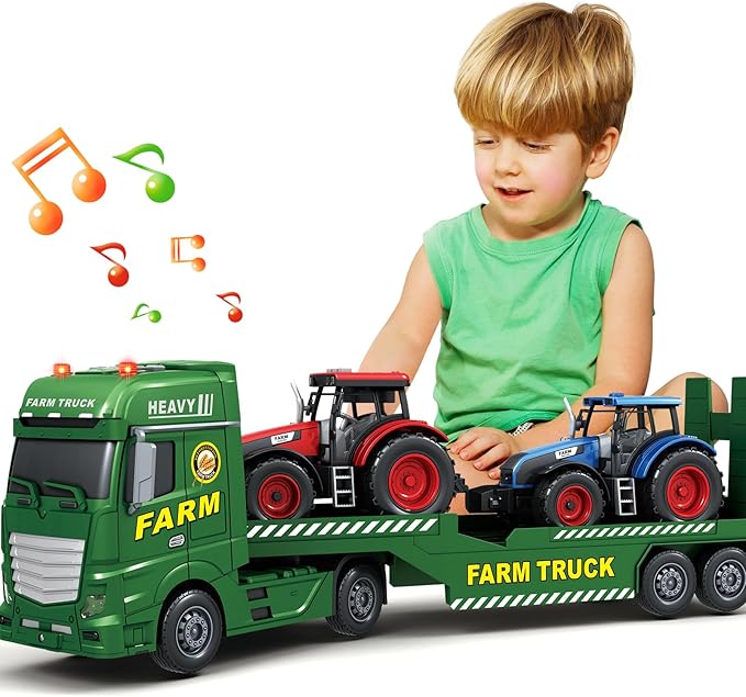 Toddler Boy Toys for 3 4 5 6 7 Years Kids, 25" Semi Flatbed Truck Toy with 2 Tractors, Friction Powered Vehicles Toys with Lights and Sounds, Birthday for Boy Girls