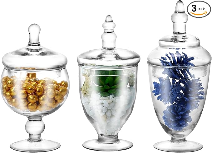 Apothecary Jars Glass Decorative Candy Jars, Buffet Display, Elegant Storage Jar, Decorative Wedding Candy Organizer Canisters 3 Pack