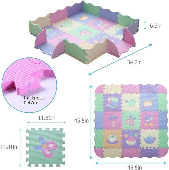 Foam Play Mat for Kids，25Pcs Square Interlocking Puzzle Floor Mat，Baby Play Mat Floor Mat Foam Puzzle Playmat for Toddlers with Fence（Mash Up-CSH023