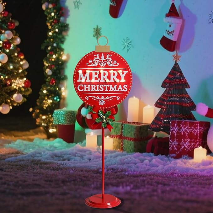 Merry Christmas Sign with LED Light Battery Operated with Timer Christmas Signs with Base Xmas Holiday Decorations Patio Lawn Yard Outdoor Display Decor Round