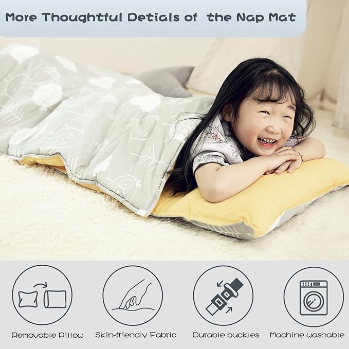 Toddlers Nap Mat with Removable Pillow and Soft Blanket, Lightweight Daycare Preschool Kindergarten Sleeping Bag, Travel Slumber for Kids Girls Boys