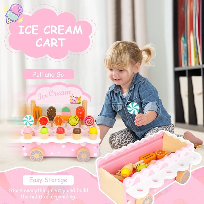 Wooden Play Toys for Toddler Girls 3-5 - Ice Cream Truck Cart Pretend Toys for Kids Ages 2-4, Montessori Toys Kitchen Popsicles Play Store Birthday Gifts for Girls Boys Toddlers 3 4 5 6 Year Old