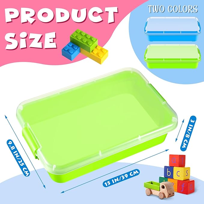 2 Pcs Sensory Bin Sand Tray with Lid for Plastic Sandbox Toy Fill with Water, Sand, Beads and More, for Indoor Outdoor Activities Play(Blue, Green)