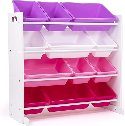 Humble Crew Kids' Toy Storage Organizer with 12 Plastic Bins, Pink&Purple, White/Purple/Pink
