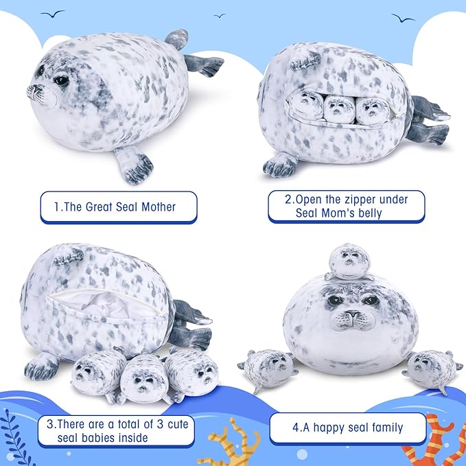Achwishap 4pcs Seal Plush Pillow,Seal Stuffed Animal Mommy with 3 Seal Baby Plush Toy,Cute Plushie Seal Hugging Pillow Cuddle Plushie for Kids Girls Boys Gifts(Seal Family,19.6”,Gray)