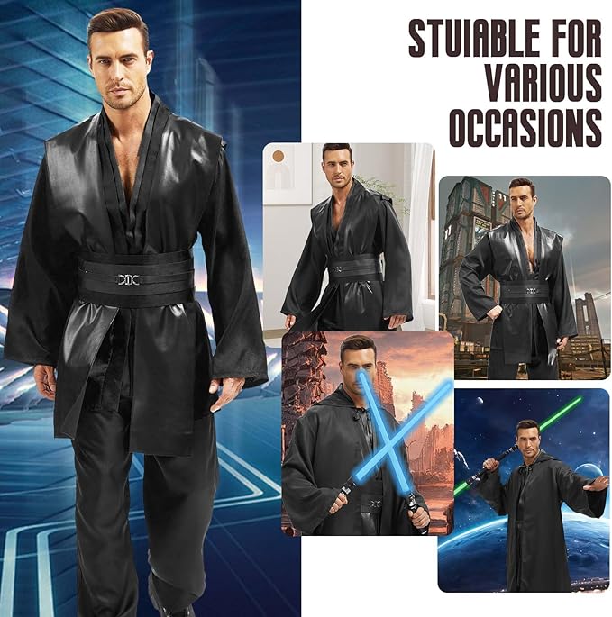 Men's Tunic Cosplay Costume with 2 PCS Light Up Saber Tunic Hooded Robe Full Set for Halloween Party