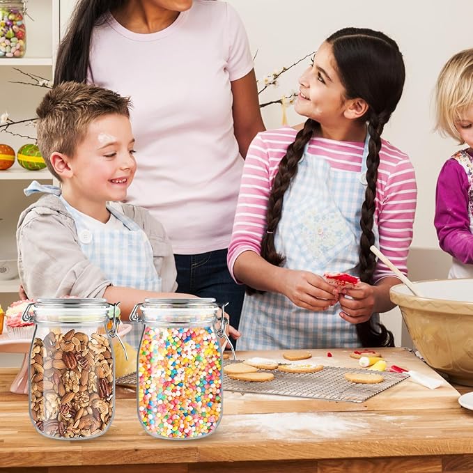 2 Pcs PET Plastic Storage Jar with Clamp Lid Empty Food Storage Container Bottle Large Refillable Canister For Nuts Sugar Coffee Candy Cookie Tea Spices And More (clear, 1000ml/33oz)