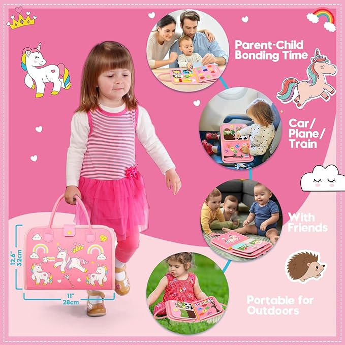 Toddler Sensory Busy Board: Travel Toy Activity Book for Girls Boys, Motor Skill Development Gift for Baby Aged 3-4 Years, Fine Educational Preschool Montessori Learning Toy for Car Airplane Unicorn