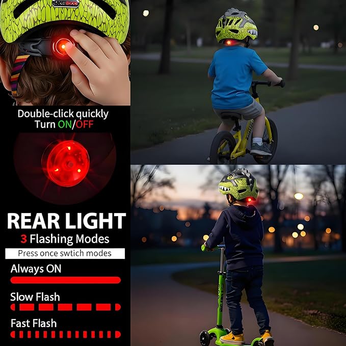 KINGBIKE Toddler Helmet 2-3-5-8 Years Kids Balance Bike Helmets Size Adjustable 3D Dinosaur with Led Light for Skateboard Scooter Cycling Skaterolling