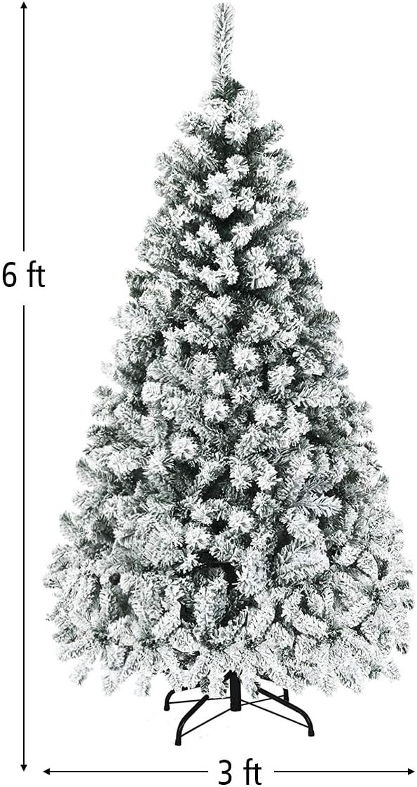 Goplus 6ft Pre-Lit Artificial Christmas Tree, Premium PVC Snow Flocked Hinged Pine Tree with Metal Stand and LED Lights, Perfect Xmas Decoration for Indoor and Outdoor