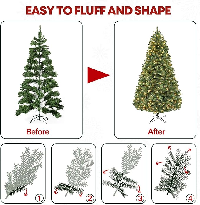 7.5 ft Lighted Artificial Christmas Tree, 450 Warm White LED Lights, 1450 PVC Branch Tips, Metal Stand and Hinged Branches for Home, Decorating