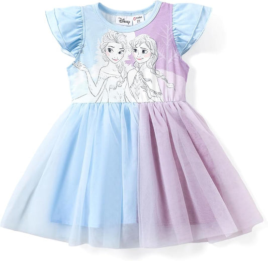 Disney Frozen Elsa Princess Cinderella Ariel Jasmine Rapunzel Baby/Toddler Dress, Ruffle Long-Sleeve Mesh Overlay Tulle Dress