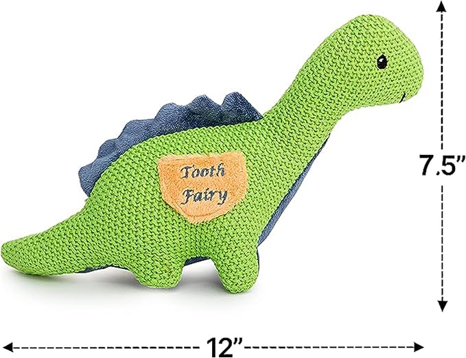 Maison Chic Danny The Dinosaur Tooth Fairy Pillow for Boys – Plush Green Dinosaur with Tooth Pocket for Boys and Girls