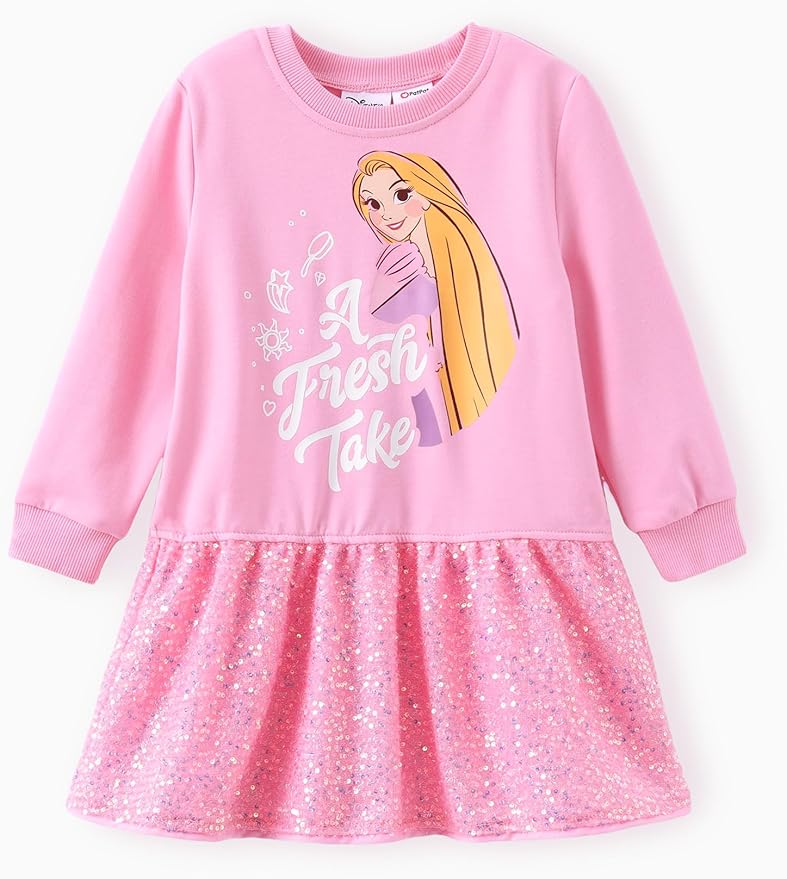 Disney Stitch Minnie Elsa Princess Sweatshirt Dress Toddler Girl Sequin Long Sleeve Pullover Clothes Fall Outfit 2-9 Years