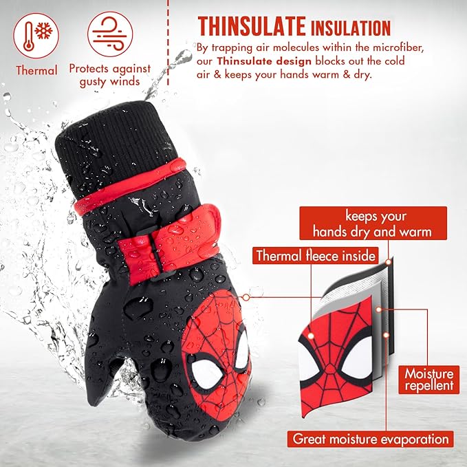 Spiderman Snow Gloves for Kids, Spider Man Toddler Gloves, 3M Thinsulate Waterproof Mittens, Kids Winter gloves