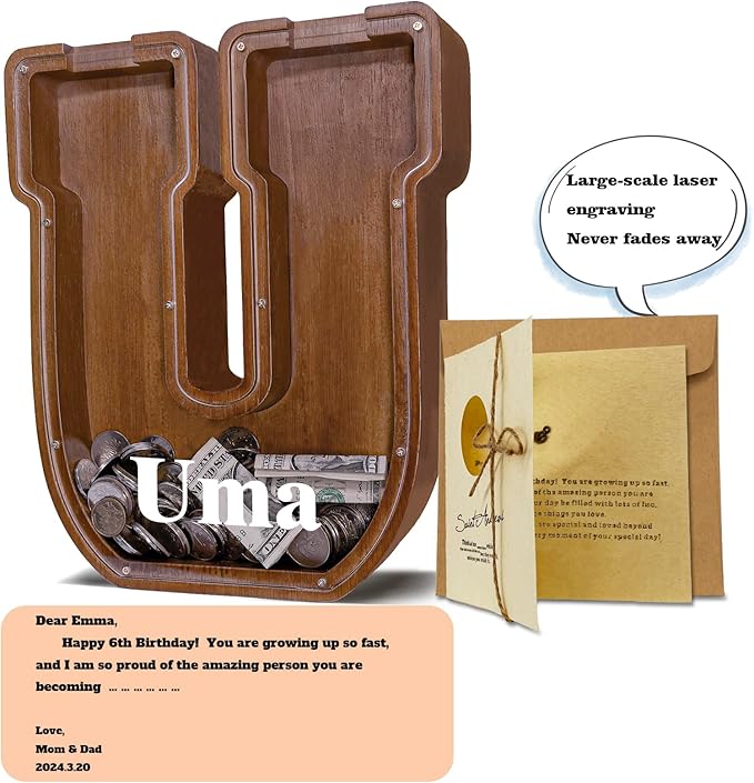 Personalized Wooden Letter Piggy Bank for Kids Larger Letter Piggy Bank for Boys and Girls Initial Coin Bank Customized Piggy Bank Perfect Wood Kids Money Bank for Birthday and Festival