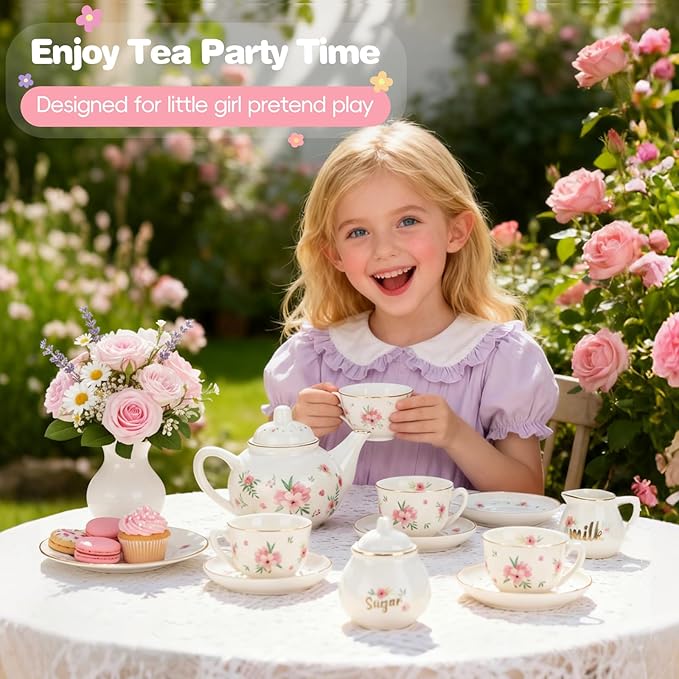 Porcelain Tea Set for Toddlers, Tea Party Set for Little Girls, Pink Floral Teapot Cup Saucer Carry Case, Princess Party Pretend Play Kids Toys, Toddler Girl Birthday Gifts Age 3 - 8 Years Old