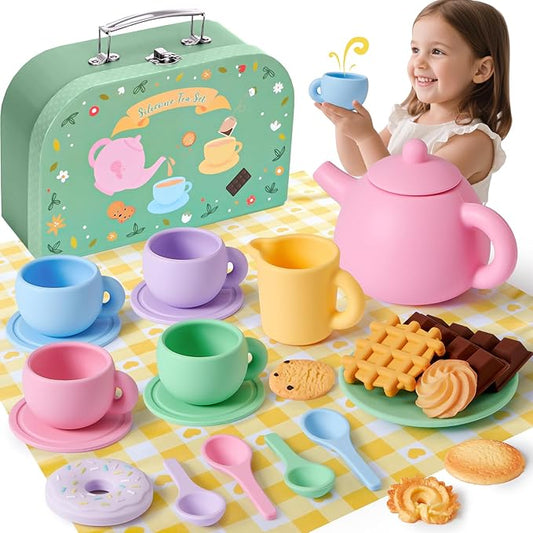 Golray Silicone Tea Sets for Toddlers 3-5, 22pcs Washable Tea Party Set with Storage Box/ Picnic Cloth, Pretend Play Kitchen Accessories Birthday Gifts Girls Toys for Kids 3 4 5 6 Years Old
