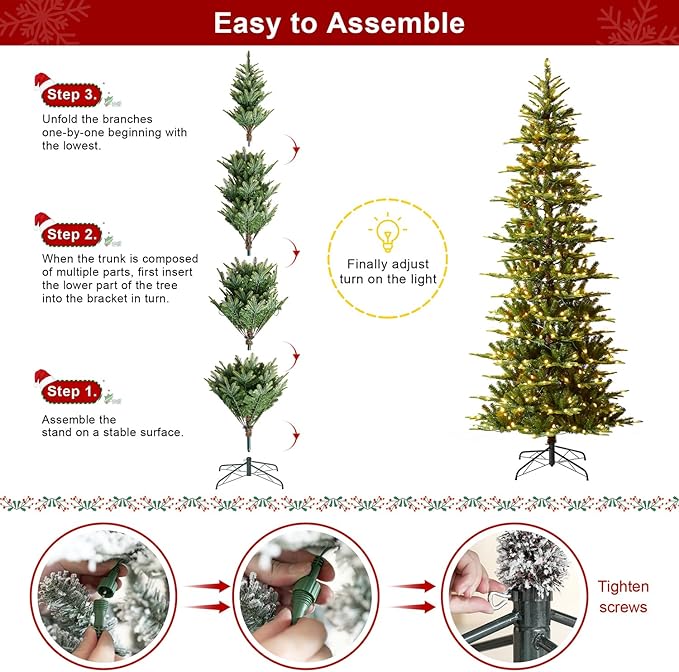 Glitzhome 9ft Prelit Christmas Tree, Cascade Evergreen Slim Fir Artificial Christmas Tree with 500 Strawberry Lights,1468 PE&PVC Branch Tips, 9 Functional Warm White/Multi-Color, Remote Controller