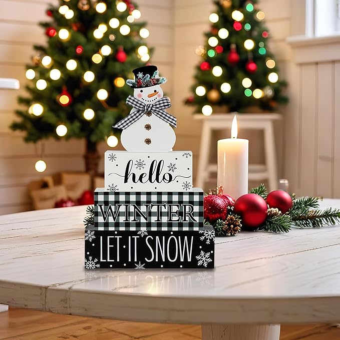 4 Pcs Christmas Table Decor Snowman Wooden Table Decorations Winter Tiered Tray Decor Christmas Centerpiece Rustic Let It Snow Block Signs Gift for Winter Wonderland Party Home kitchen Shelf