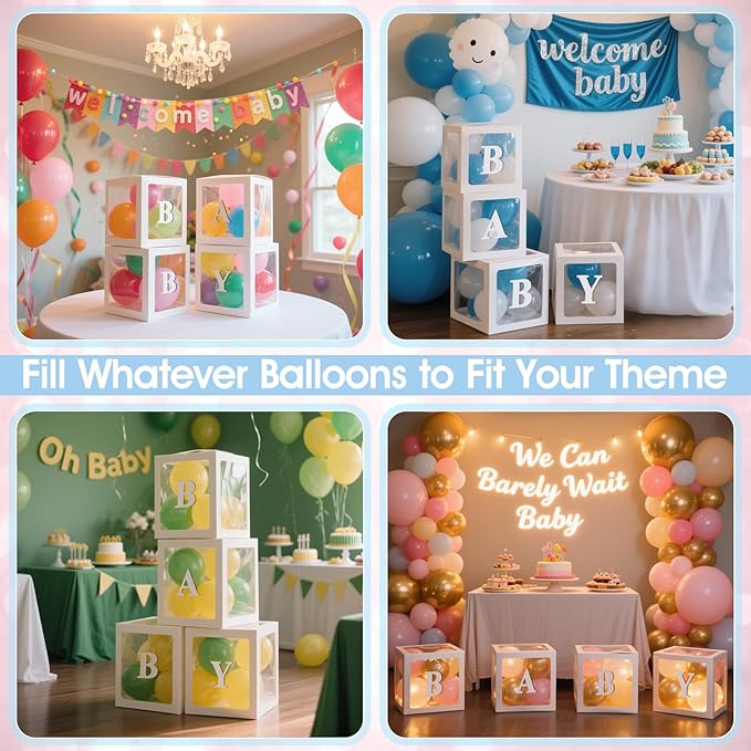 Ledido Baby Boxes with Letters for Baby Shower Decorations, 4 pcs Clear Baby Balloon Boxes Blocks for Baby Shower Decor with Letters for Boy Girl Gender Reveal Decorations Backdrop Party (White)