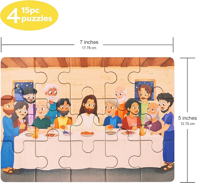 Bible Puzzles for Kids Ages 4-6 | 4-in-1 Wooden Jigsaw Puzzles in Box (15 pcs Each) | Christian Bible Gifts for Children | Easter Gifts for Kids | Nativity | The Last Supper (New Testament)
