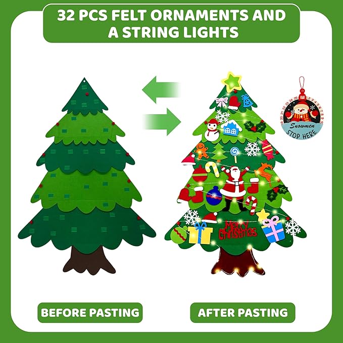 Onekka DIY Felt Christmas Tree for Toddlers with 32 pcs Detachable Ornaments+Snowman Advent Calendar, 3.2ft My First Christmas Tree, Xmas Gift for Kids with String Lights (Batteries Not Included)