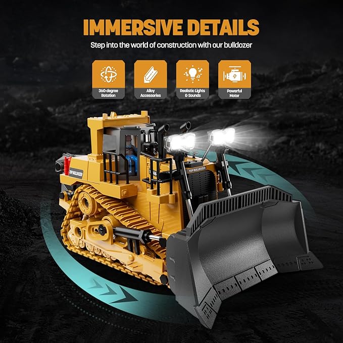9-Channel Metal RC Bulldozer - Realistic Remote Control Kids Construction Play Toys with Lights and Sound, Track Type Tractor Toys for 3+ Boys, Perfect 2025 Kids Birthday Gift for Ages 3-12+