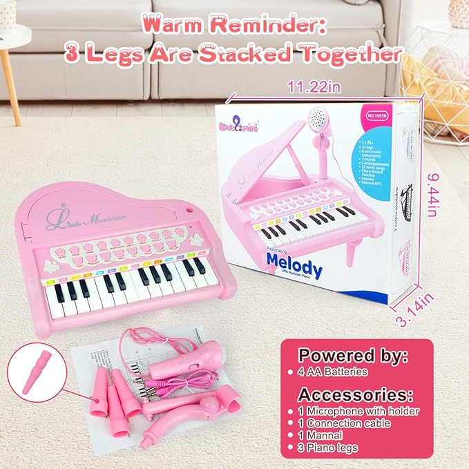 Love&Mini Pink Piano Toys for 1+Years Old Girls First Birthday Gifts Toddler Piano Music Toy Instruments with 24 Keys and Microphone