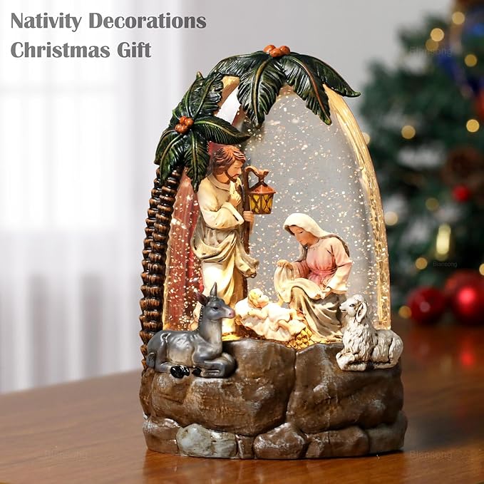 Nativity Snow Globe Christmas Decorations for Home Nativity Scene with Timer Music Sheep Donkey 8.8 inch