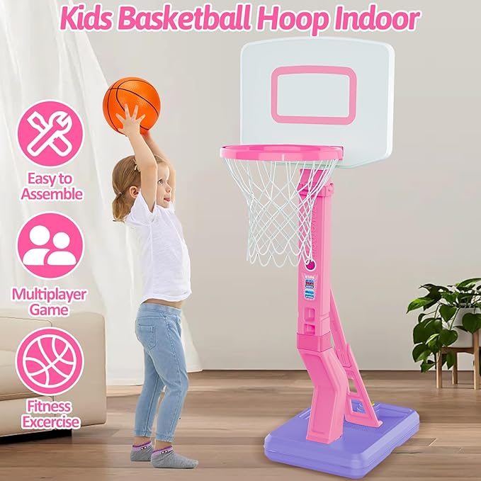 Toddler Pink Basketball Hoop Indoor Outdoor Backyard Poolside Basketball Hoop for Kids 1-3 4-8 Height Adjustable Girls Basketball Goal with Balls Toys for 1 2 3 4 Year Old Girl Birthday
