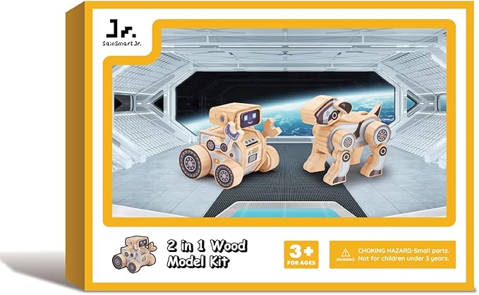 SainSmart Jr. 2-in-1 STEM Kits, Wooden Robot Assembly Toy Set, Woodworking Crafts Projects for Kids, Gift for Boys and Girls