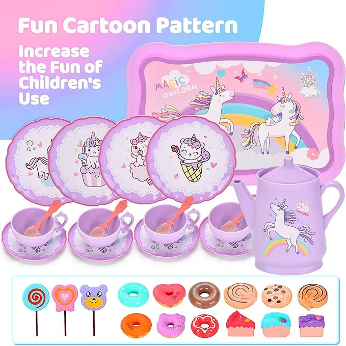 Unicorn Tea Party Set for Little Girls, Pretend Plastic Teapot Set, Princess Tea Time Play Kitchen Toy with Dessert, Carrying Case for Birthday Easter Gifts Kids Toddlers Age 3 4 5 6