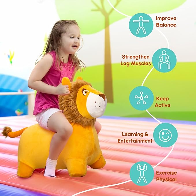 ZOOJOY Bouncy Animal Kids Lion Hopper Toys, Plush Animal Bouncing Horse for Toddlers, Indoor Outdoor Activity Ride Jumping Horse Gifts for 18 Months 2 3 4 Year Old Boys Girls (W/Pump