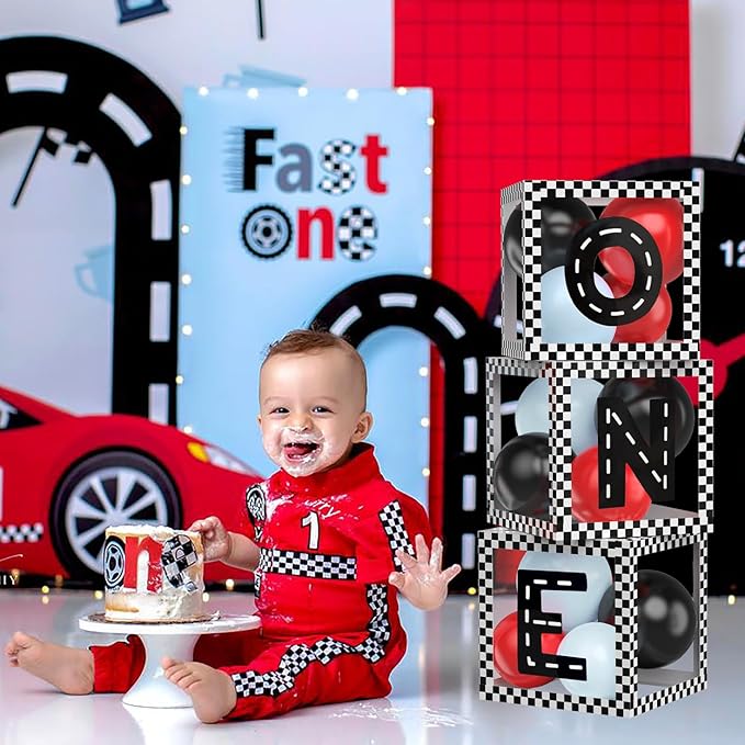 Fast ONE Birthday Decorations for Boys, Race Car Letters Boxes with Balloons, ONE Blocks for First lap around the track Formula one Theme 1st Birthday Photoshoot Props