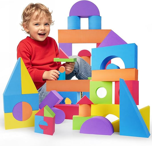 Large Building Foam Blocks for Toddlers, 30 Pieces EVA Stacking Foam Building Blocks Toy Set, Non-Toxic, Washable, Early Learning Construction Toys & Gifts for Kids Boys & Girls