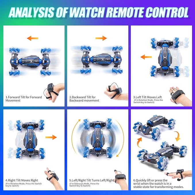 4WD Stunt Car, 2.4 GHz Gesture Sensor RC Cars, Double-Sided Vehicle 360° Flip RC Twist Buggy with Music Spray - Best Christmas and Birthday Present for Boys and Girls Aged 6-12 (Blue)