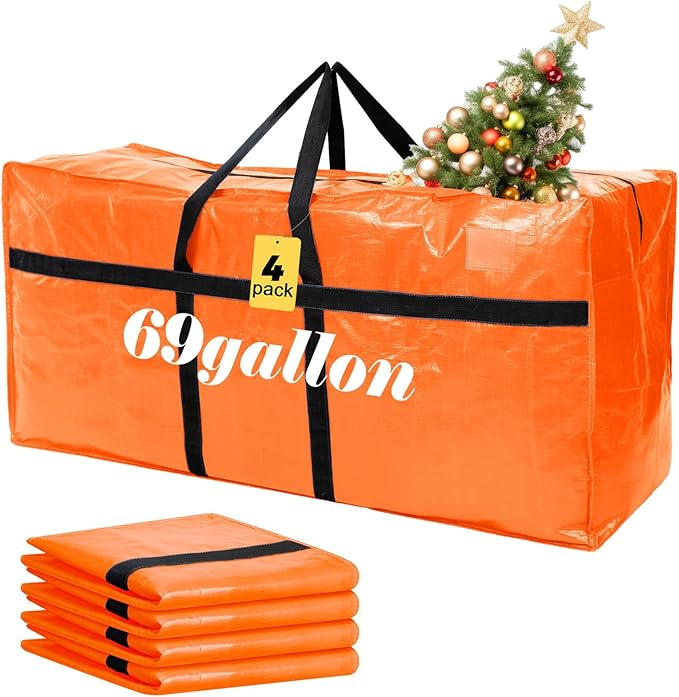 Windyun 4 Pack 69 Gallon Extra Large Storage Bags XXL Moving Bags with Zipper Handles Heavy Duty Jumbo Big Totes Box for Halloween Skeleton 4-12 Feet Christmas Tree Storage College Dorm Cloth (Orange)