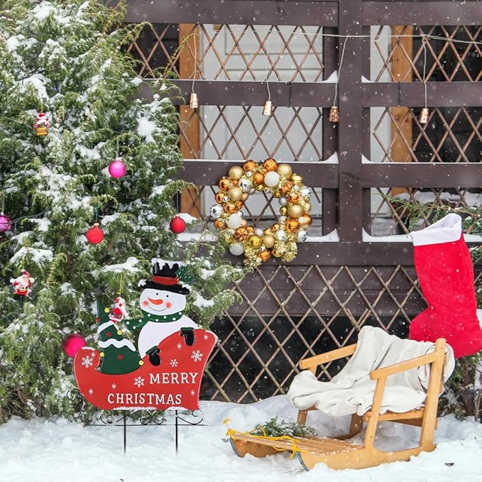 YEAHOME Outdoor Christmas Decorations, Metal Snowman with Sleigh Decorative Garden Stakes for Outdoor Yard, Merry Christmas Signs for Outside Porch Lawn Pathway Xmas Decor