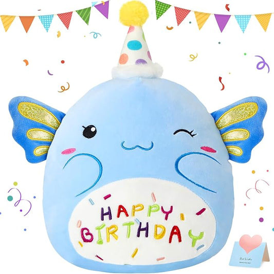 14“ Birthday Axolotl Plush Pillow,Blue Axolotl Stuffed Animal Soft Plush Toy,Cute Plushie Doll Gifts for Kids & Birthday Party Decor