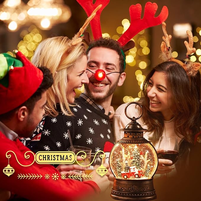 Christmas Snow Globes Lantern, Musical Snow Globe Christmas Decorations Water Lantern, Red Truck and Christmas Tree Scene Rotating Flashing Lanterns, Holiday Decor