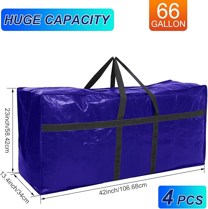 Windyun 4 Pack 57 Gallon Extra Large Storage Bags XXL Moving Bag with Zipper Handle Heavy Duty Jumbo Big Tote Box for Halloween Skeleton 4-12 Feet Christmas Tree Storage College Dorm Cloth (Navy Blue)
